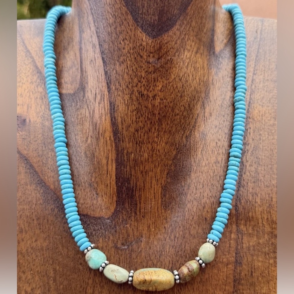 Sterling Silver Blue Green Turquoise Nuggets Bead Necklace 18 inch Gift